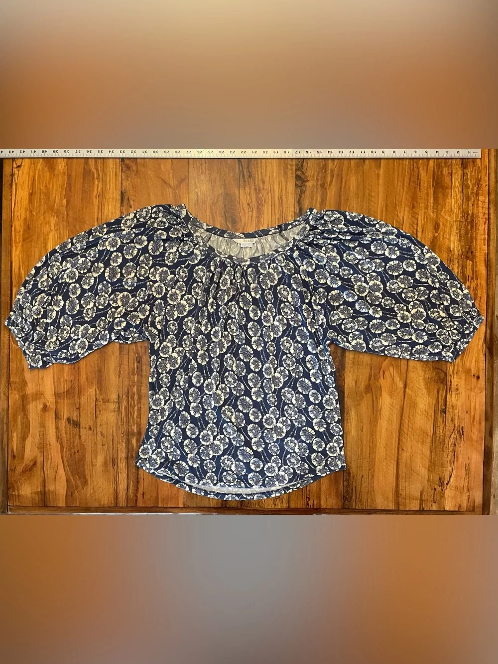 Boden Indigo Blue Floral Puff-Sleeve Knit Jersey Women's Top